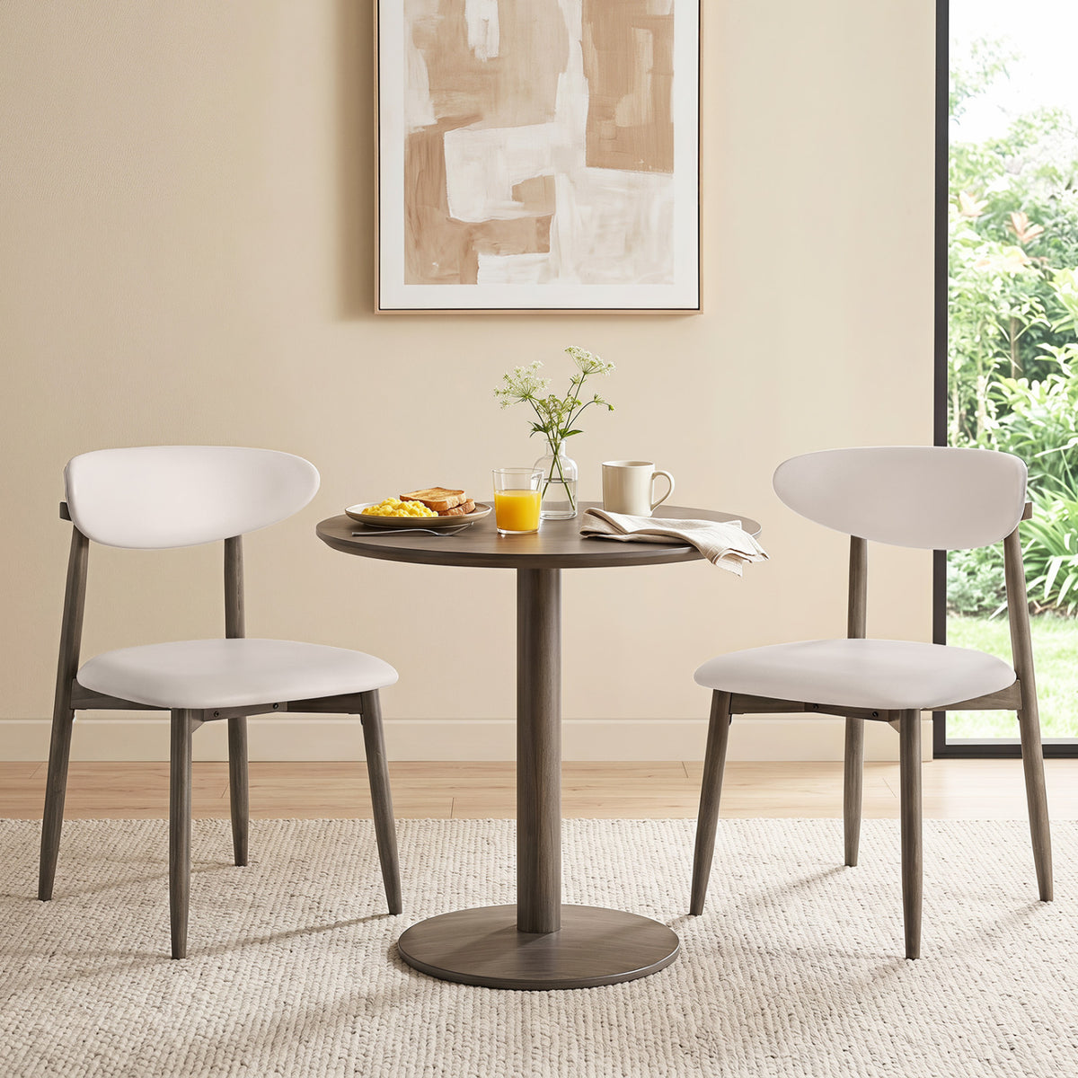 Set of 2 Wooden Modern Upholstered Dining Chairs with Curved Backrest-Beige