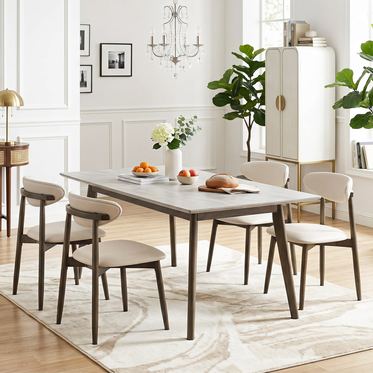 Set of 2 Wooden Modern Upholstered Dining Chairs with Curved Backrest-Beige