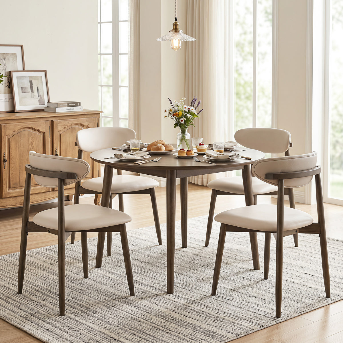 Set of 2 Wooden Modern Upholstered Dining Chairs with Curved Backrest-Beige