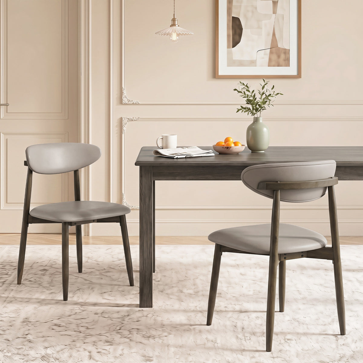 Set of 2 Wooden Modern Upholstered Dining Chairs with Curved Backrest-Gray