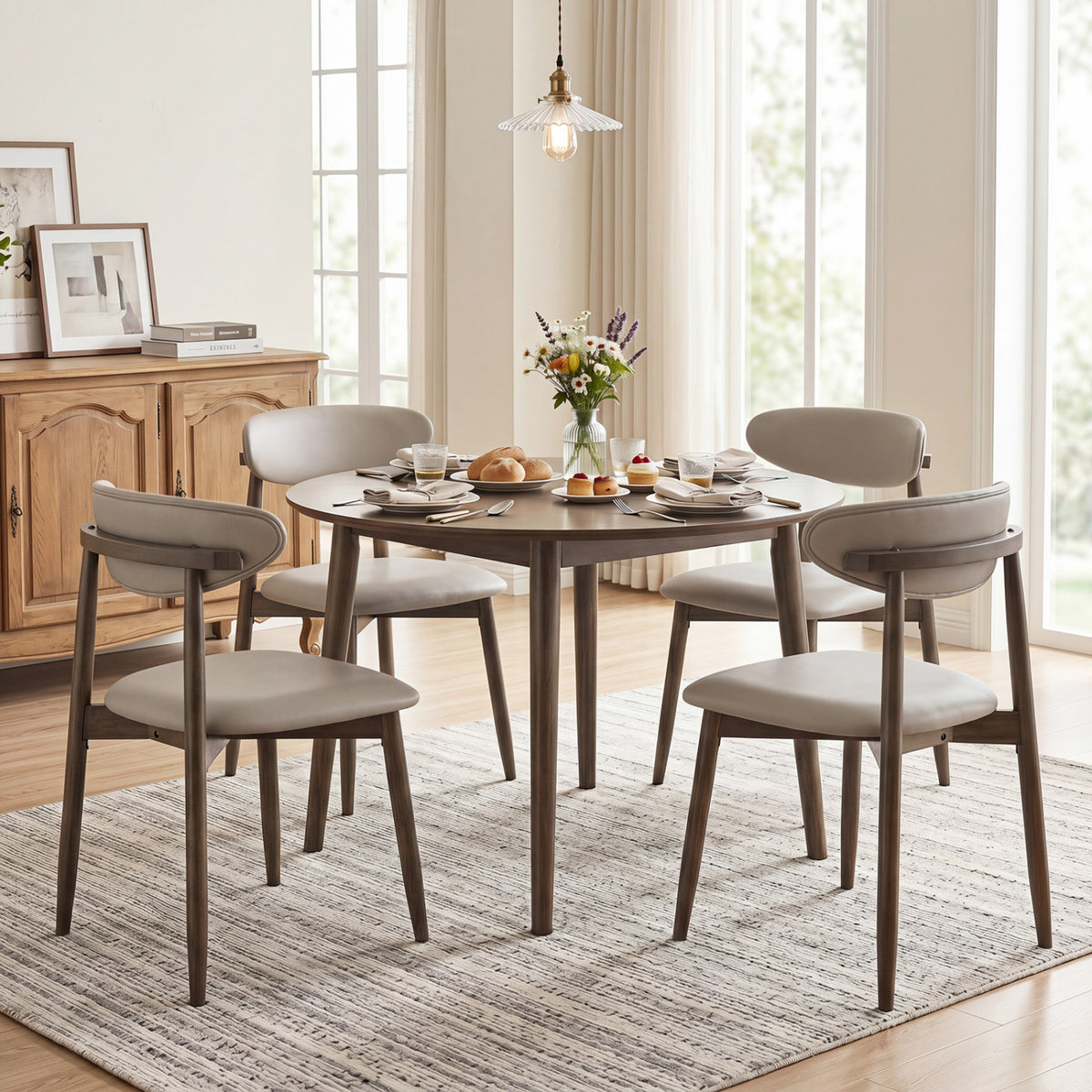 Set of 2 Wooden Modern Upholstered Dining Chairs with Curved Backrest-Gray