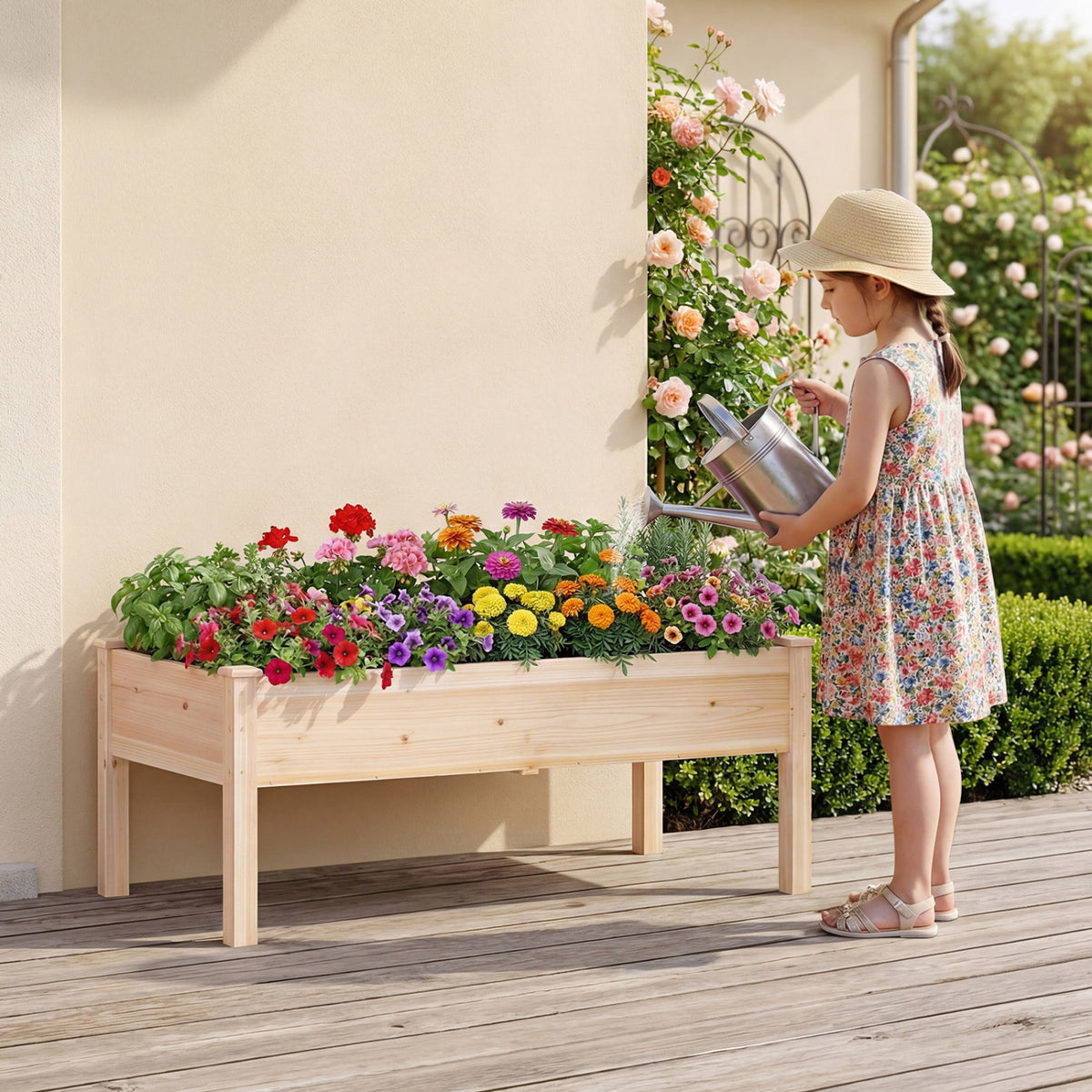 Set of 2 Wooden Raised Garden Bed with Legs Natural Fir Wood Elevated Planter Box