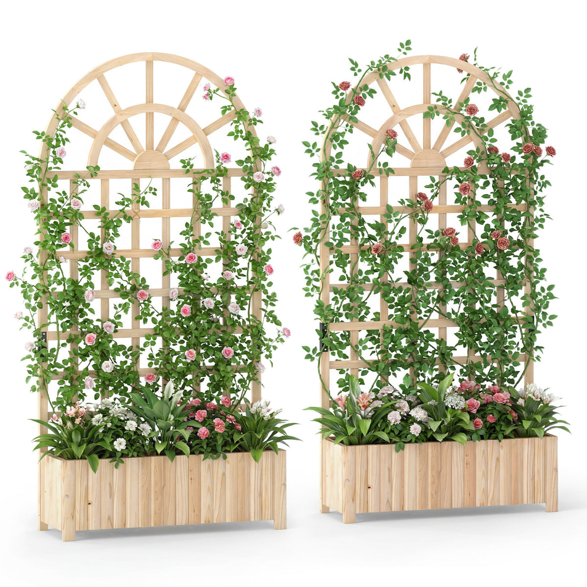 Set of 2 Wooden Raised Garden Bed with Trellis 71" Outdoor Planter Box Privacy Screen-Natural