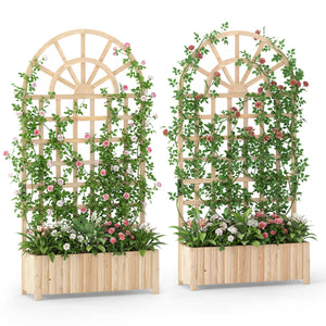 Set of 2 Wooden Raised Garden Bed with Trellis 71" Outdoor Planter Box Privacy Screen-Natural