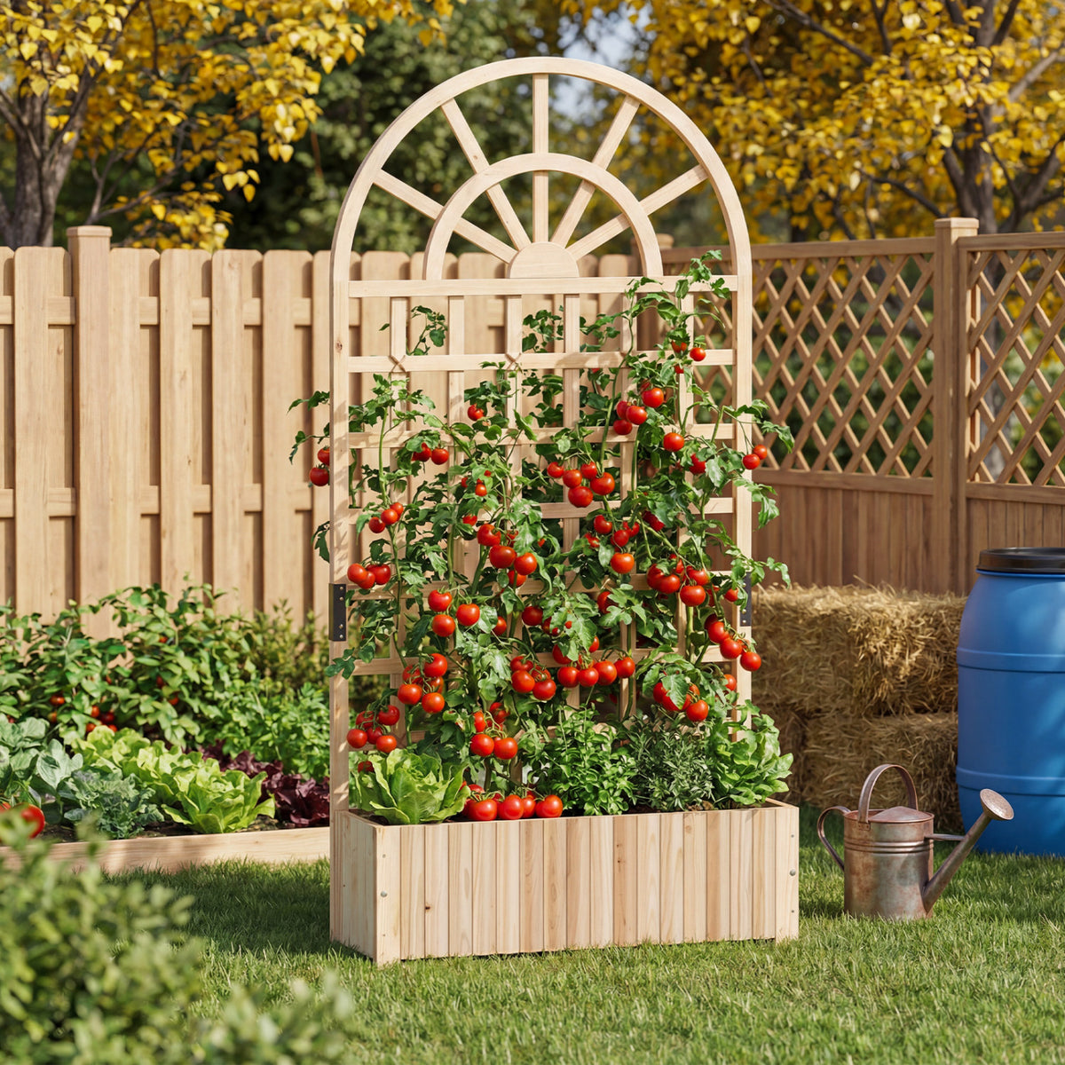 Set of 2 Wooden Raised Garden Bed with Trellis 71" Outdoor Planter Box Privacy Screen-Natural