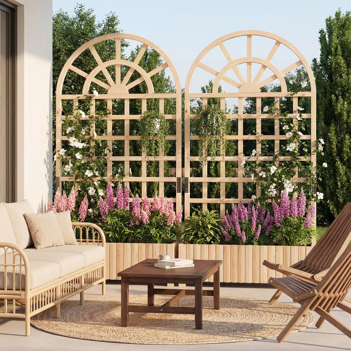 Set of 2 Wooden Raised Garden Bed with Trellis 71" Outdoor Planter Box Privacy Screen-Natural