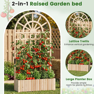 Set of 2 Wooden Raised Garden Bed with Trellis 71" Outdoor Planter Box Privacy Screen-Natural