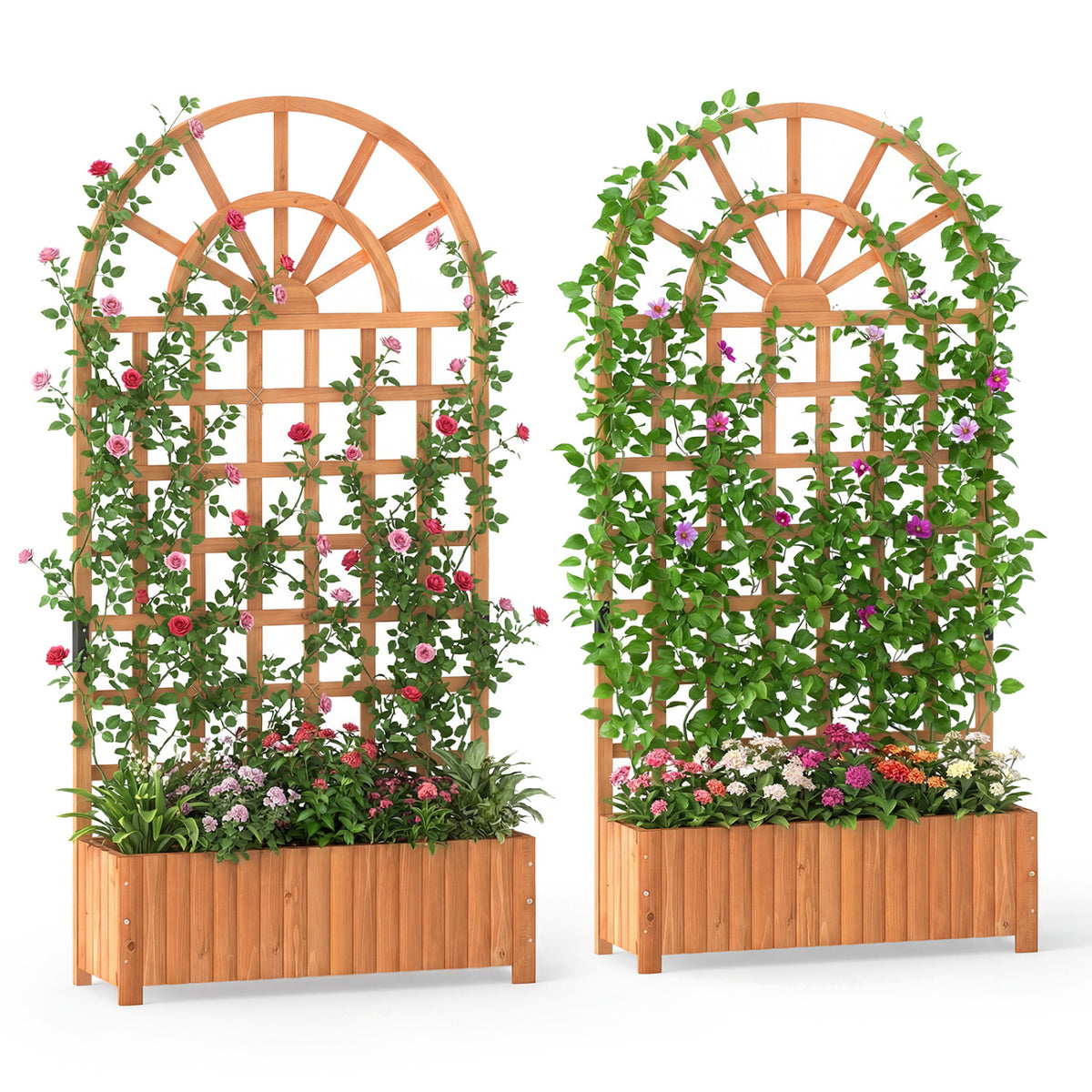 Set of 2 Wooden Raised Garden Bed with Trellis 71" Outdoor Planter Box Privacy Screen-Brown