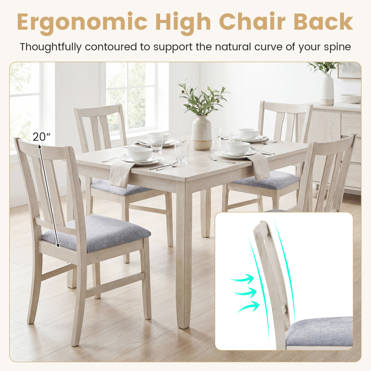 Set of 2 Wooden Upholstered Dining Chairs with High Curved Back-Gray