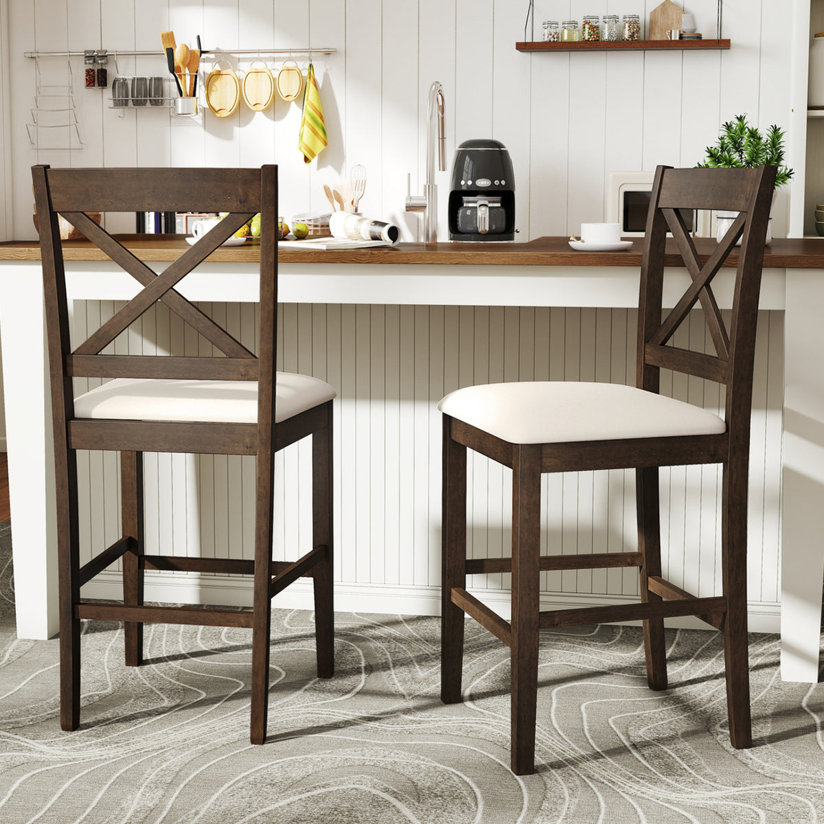 Set of 2 X-Back Bar Stools with Upholstered Cushioned Seats-Brown