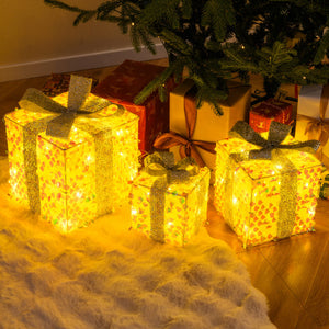 Set of 3 Christmas Lighted Gift Boxes with Pre-lit 90 LED Light and Bows