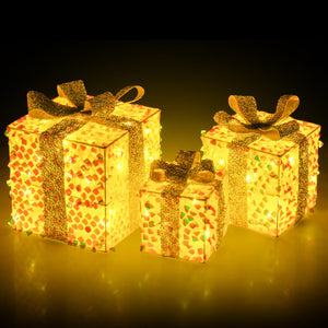 Set of 3 Christmas Lighted Gift Boxes with Pre-lit 90 LED Light and Bows