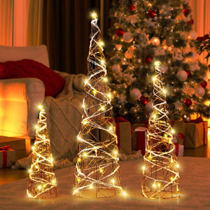 Set of 3 Lighted Rattan Cone Trees with LED Lights and Metal Frame