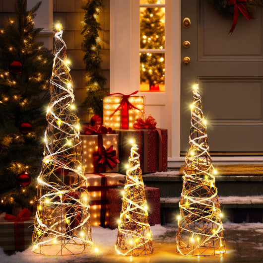 Set of 3 Lighted Rattan Cone Trees with LED Lights and Metal Frame