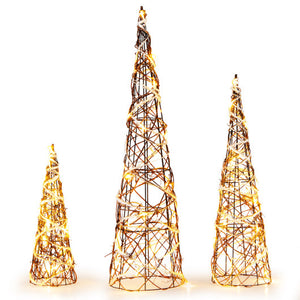Set of 3 Lighted Rattan Cone Trees with LED Lights and Metal Frame