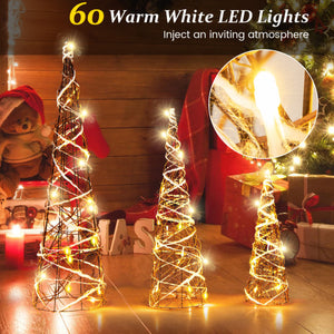 Set of 3 Lighted Rattan Cone Trees with LED Lights and Metal Frame