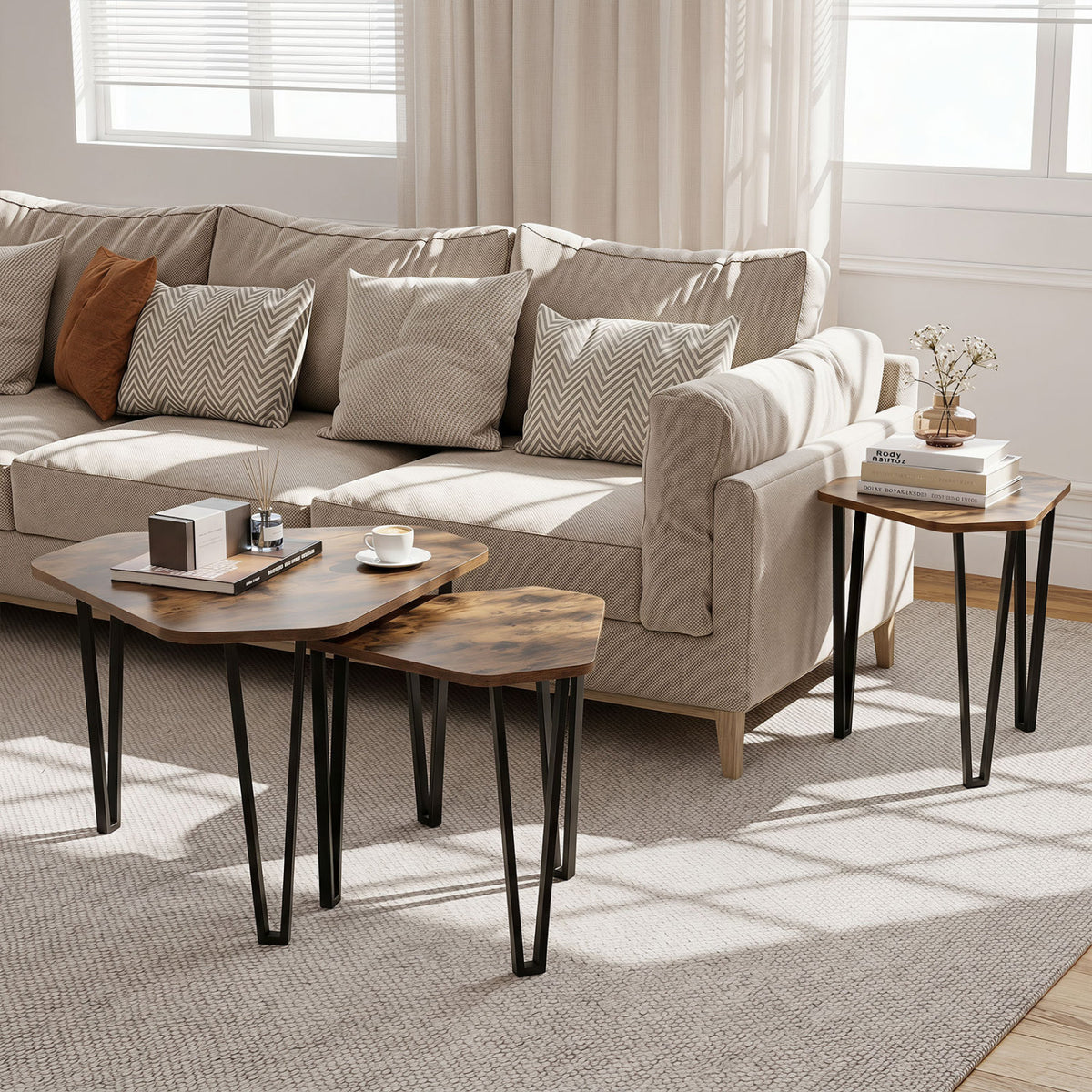 Set of 3 Nesting Coffee Tables with Engineered Wood Top and Metal Frame for Living Room-Rustic Brown