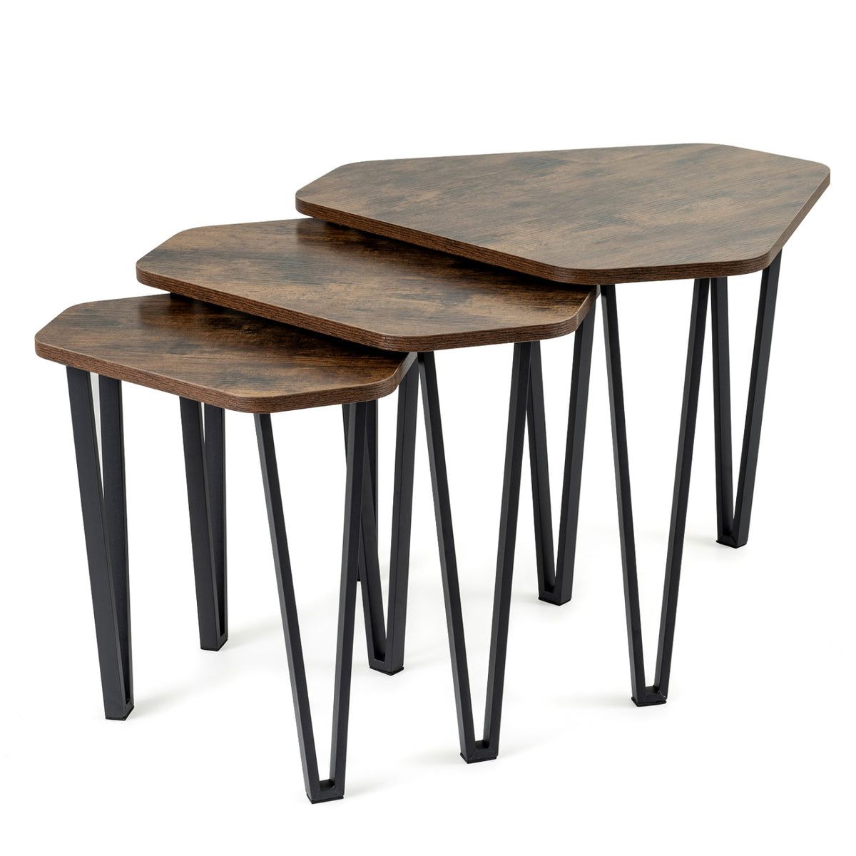 Set of 3 Nesting Coffee Tables with Engineered Wood Top and Metal Frame for Living Room-Rustic Brown