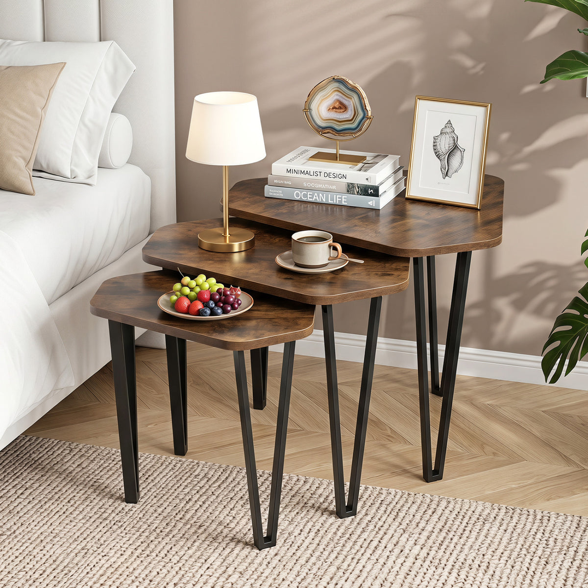 Set of 3 Nesting Coffee Tables with Engineered Wood Top and Metal Frame for Living Room-Rustic Brown