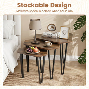 Set of 3 Nesting Coffee Tables with Engineered Wood Top and Metal Frame for Living Room-Rustic Brown