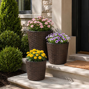 Set of 3 Plastic Planters with Drainage Holes and Saucers for Porch and Garden-Brown