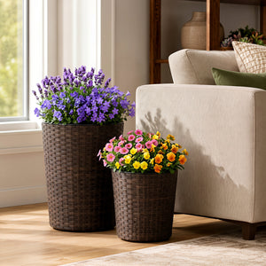 Set of 3 Plastic Planters with Drainage Holes and Saucers for Porch and Garden-Brown