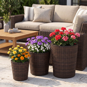 Set of 3 Plastic Planters with Drainage Holes and Saucers for Porch and Garden-Brown