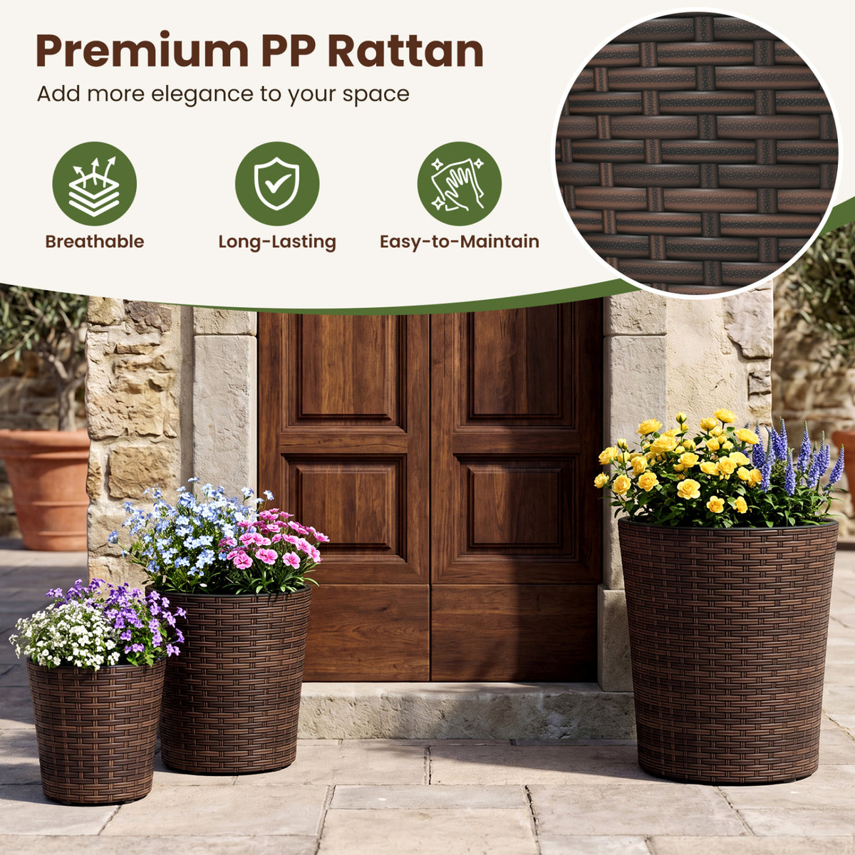 Set of 3 Plastic Planters with Drainage Holes and Saucers for Porch and Garden-Brown