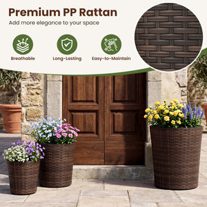 Set of 3 Plastic Planters with Drainage Holes and Saucers for Porch and Garden-Brown