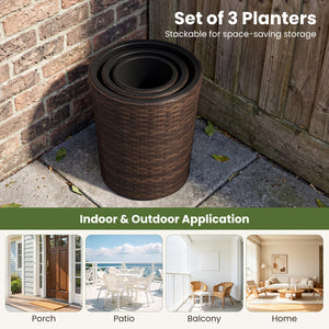 Set of 3 Plastic Planters with Drainage Holes and Saucers for Porch and Garden-Brown
