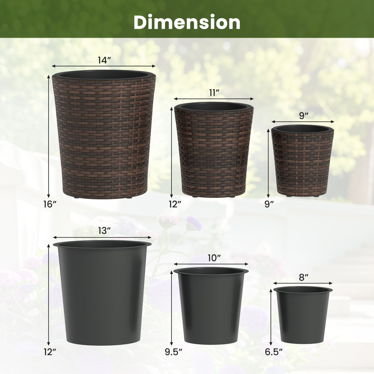 Set of 3 Plastic Planters with Drainage Holes and Saucers for Porch and Garden-Brown