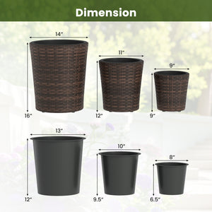 Set of 3 Plastic Planters with Drainage Holes and Saucers for Porch and Garden-Brown
