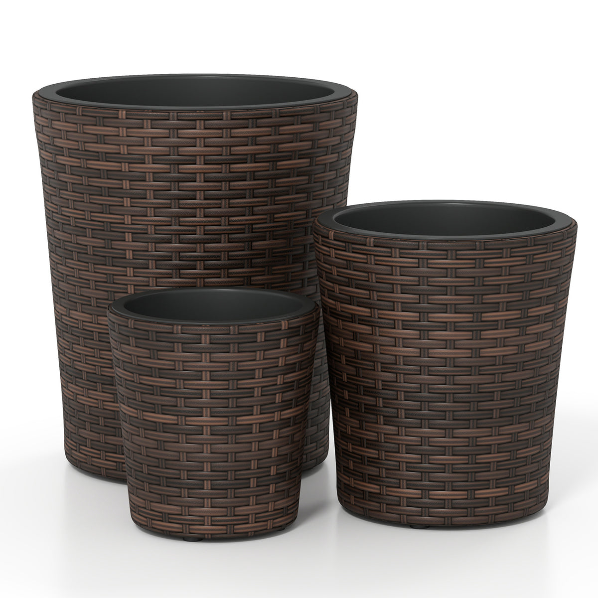 Set of 3 Plastic Planters with Drainage Holes and Saucers for Porch and Garden-Brown