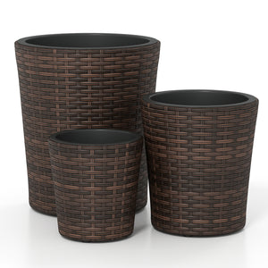 Set of 3 Plastic Planters with Drainage Holes and Saucers for Porch and Garden-Brown