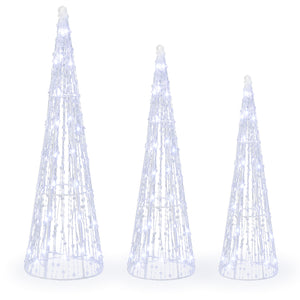Set of 3 Pre-lit Christmas Cone Trees with Star Strings for Christmas-Cold White