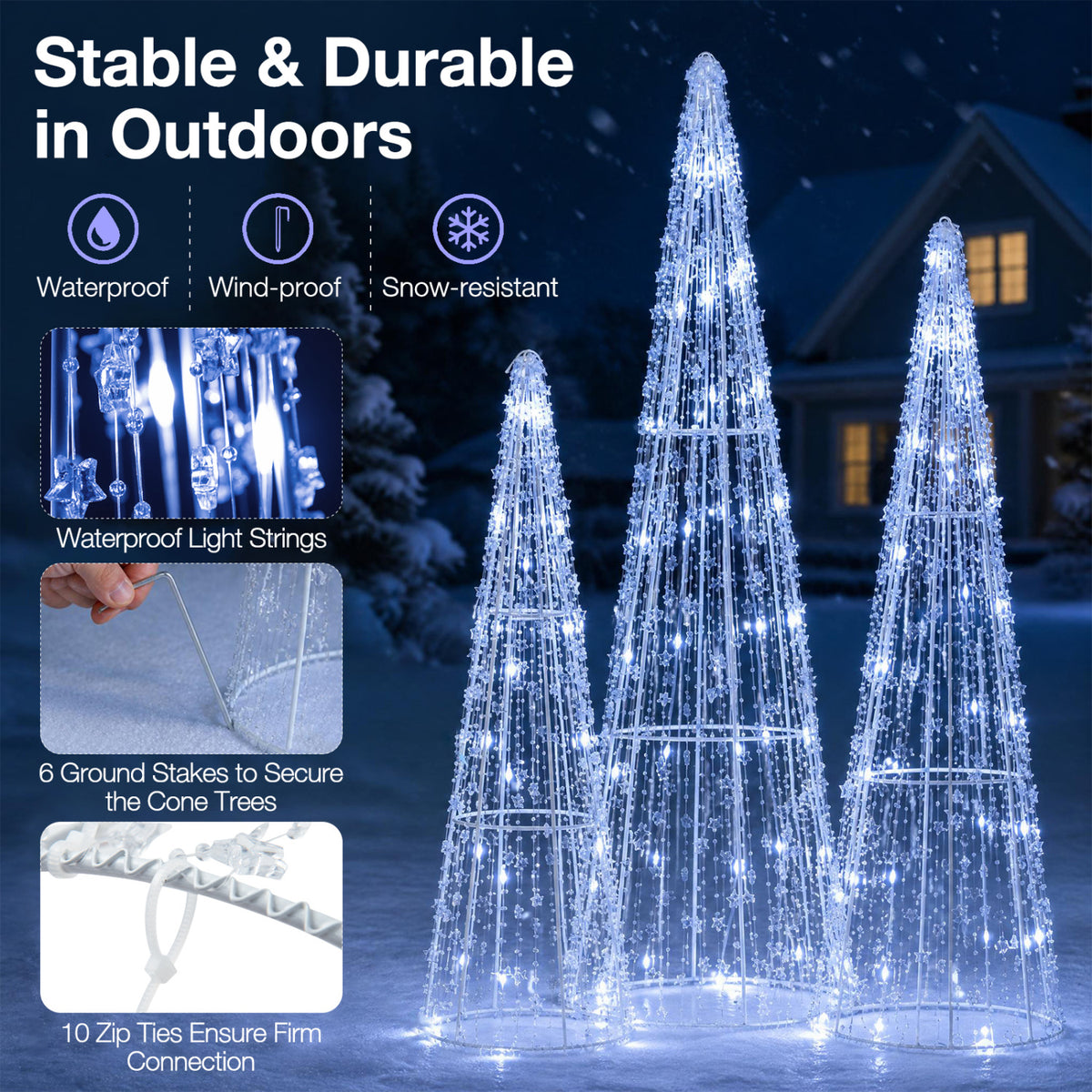 Set of 3 Pre-lit Christmas Cone Trees with Star Strings for Christmas-Cold White