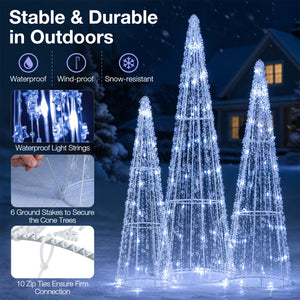 Set of 3 Pre-lit Christmas Cone Trees with Star Strings for Christmas-Cold White