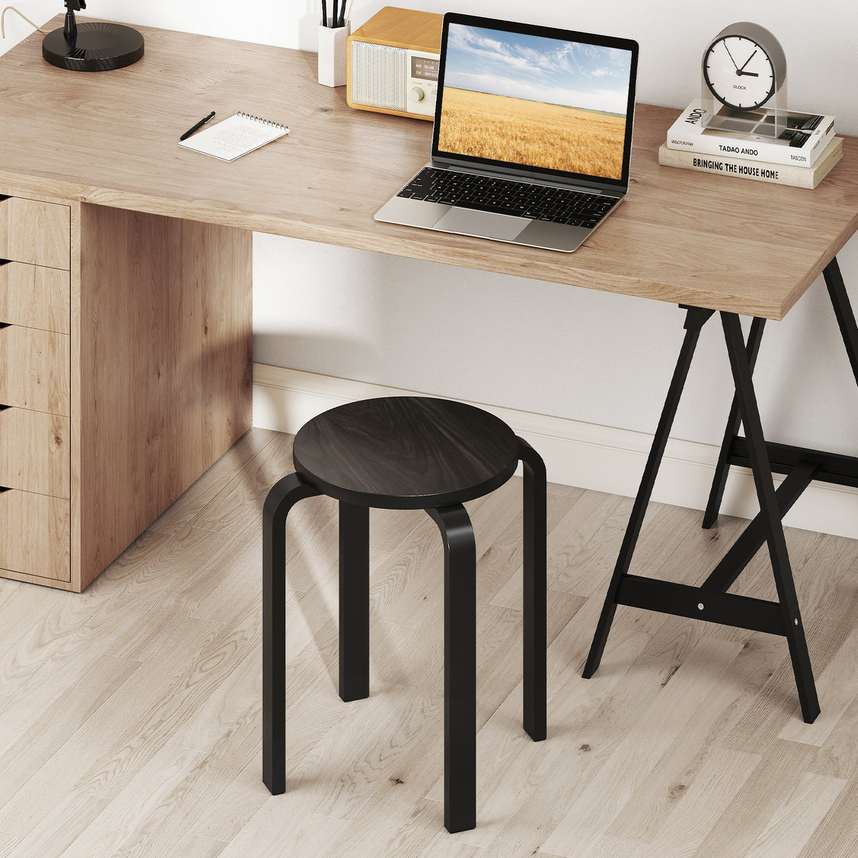 Set of 4 18 Inch Stackable Bentwood Dining Chairs with Round Top-Black