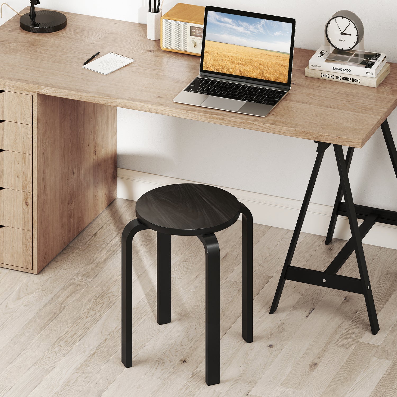 Set of 4 18 Inch Stackable Bentwood Dining Chairs with Round Top-Black