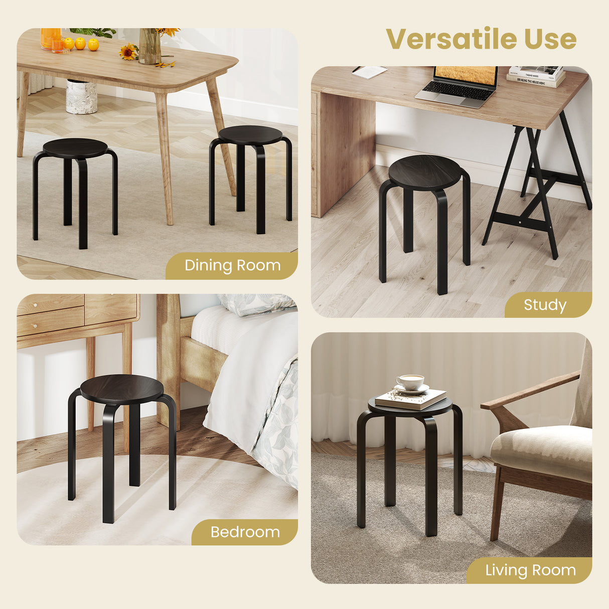Set of 4 18 Inch Stackable Bentwood Dining Chairs with Round Top-Black