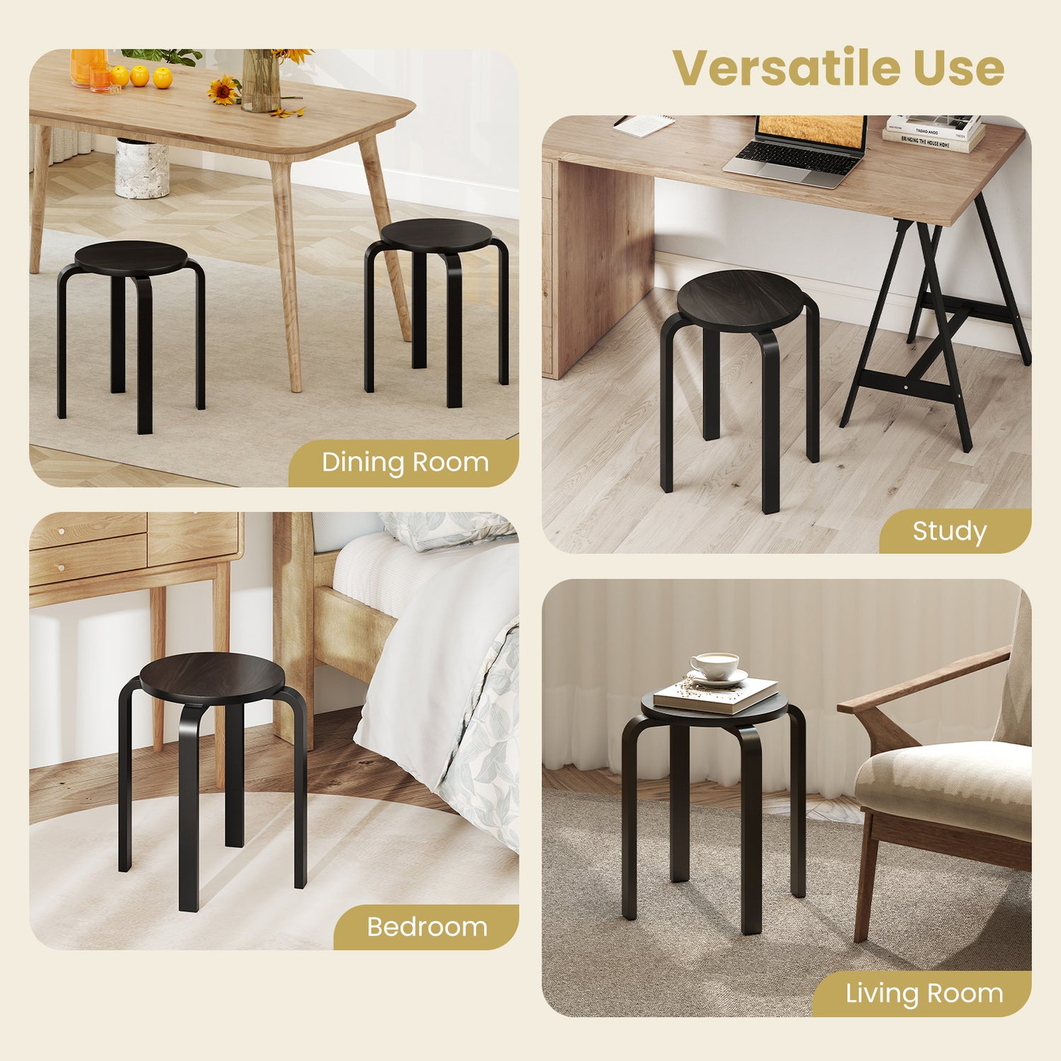 Set of 4 18 Inch Stackable Bentwood Dining Chairs with Round Top-Black