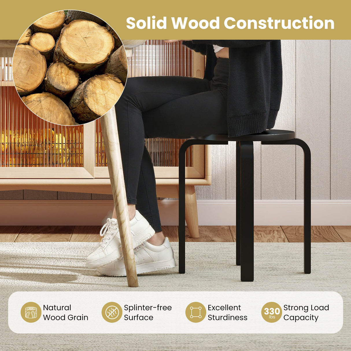 Set of 4 18 Inch Stackable Bentwood Dining Chairs with Round Top-Black