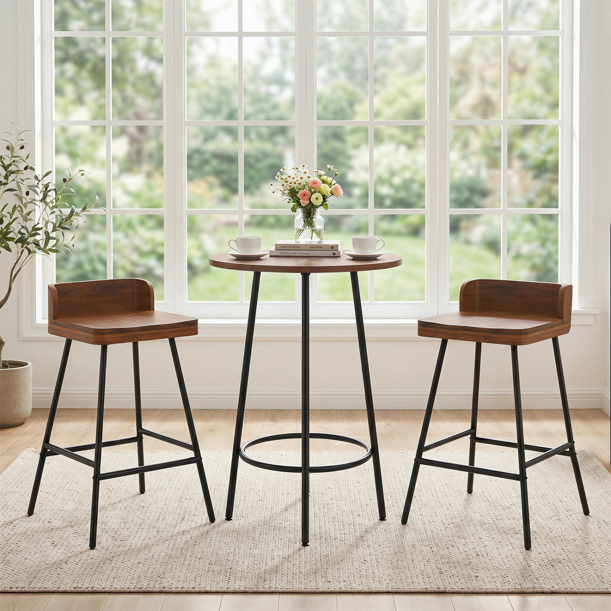 Set of 4 24" Industrial Rubber Wood Bar Stool with Low Back Metal Legs and Footrest