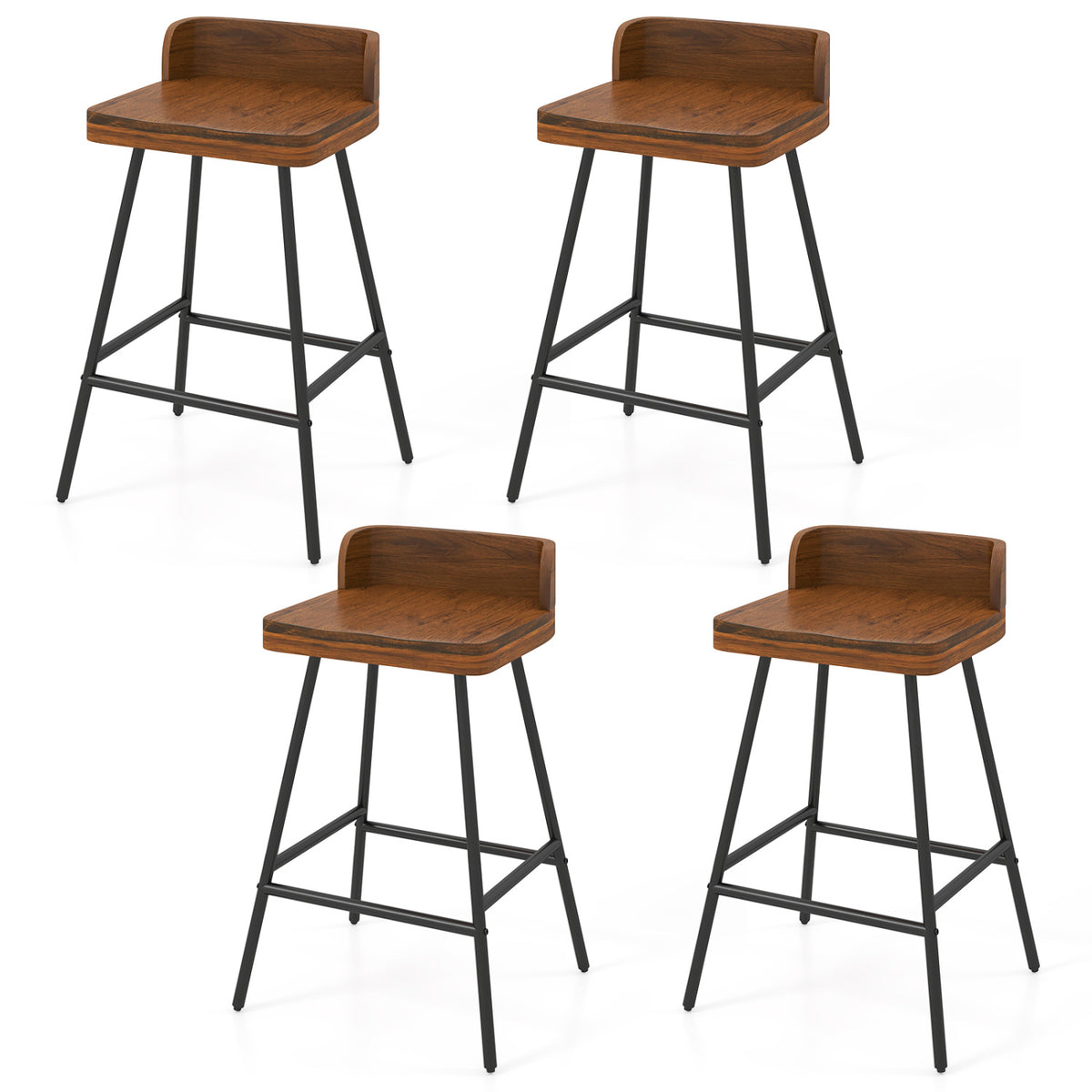 Set of 4 24" Industrial Rubber Wood Bar Stool with Low Back Metal Legs and Footrest