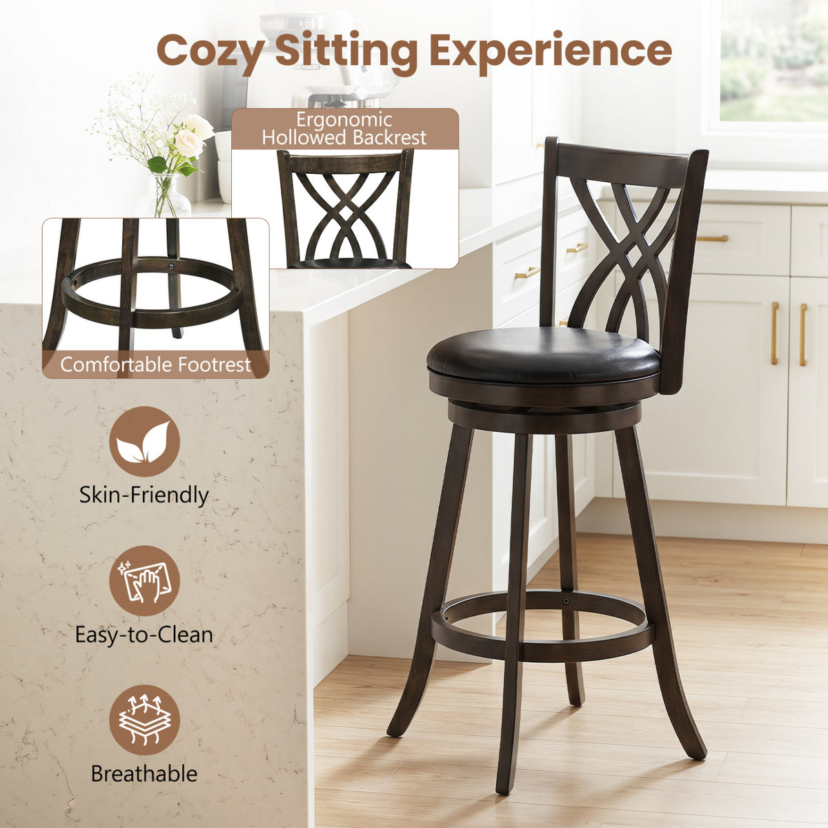 Set of 4 29" Counter Height Bar Stools with Rubber Wood Frame-Gray