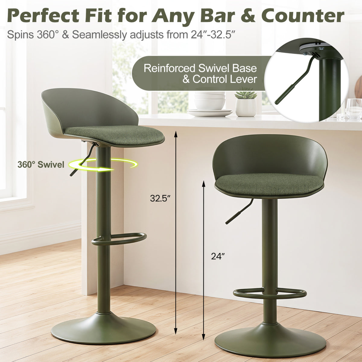 Set of 4 Adjustable Swivel Bar Stools w/ Back & Footrest 330 LBS for Dining-Green