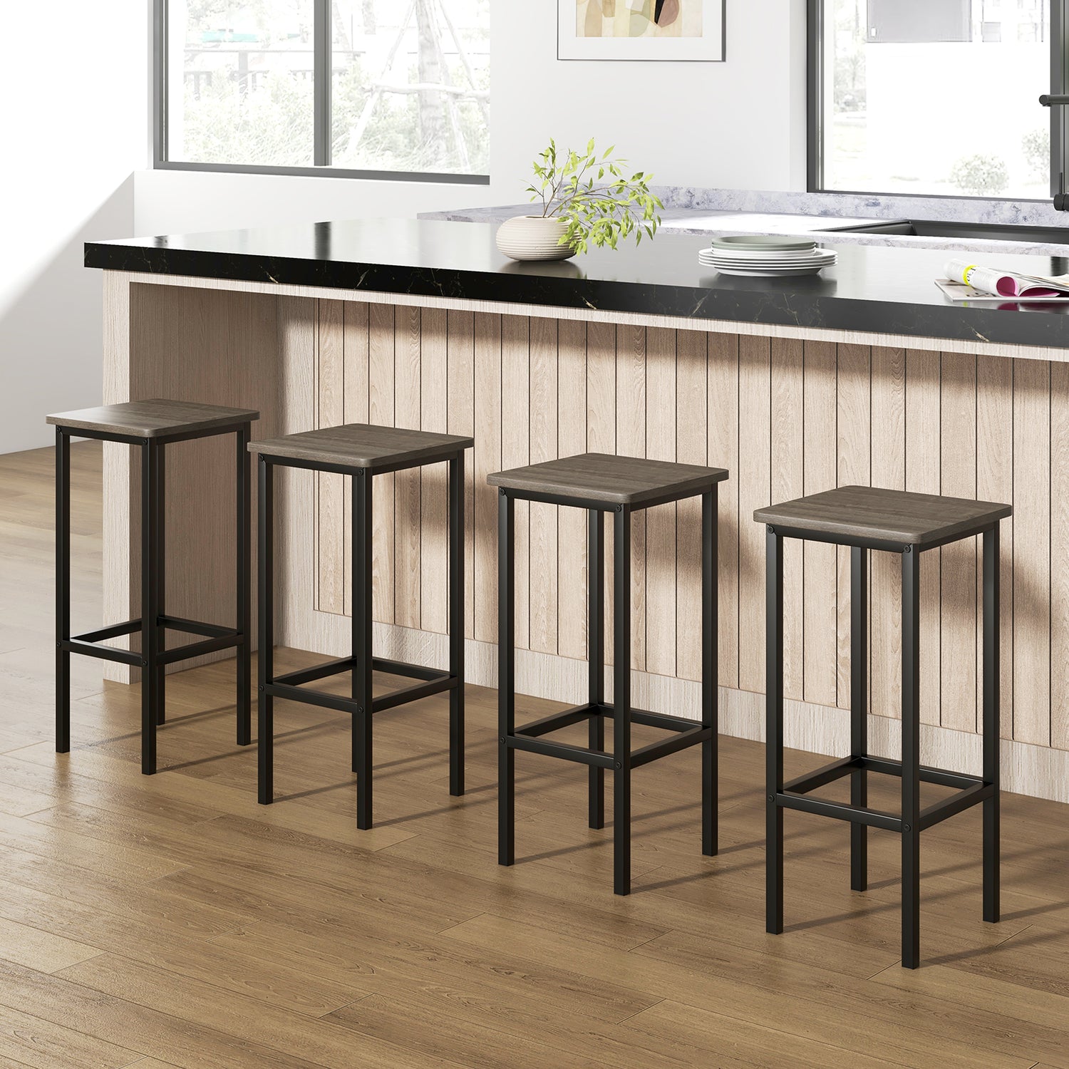 Set of 4 Bar Stool Set 26 Inch Bar Chair with Metal Legs and Footrest-Gray