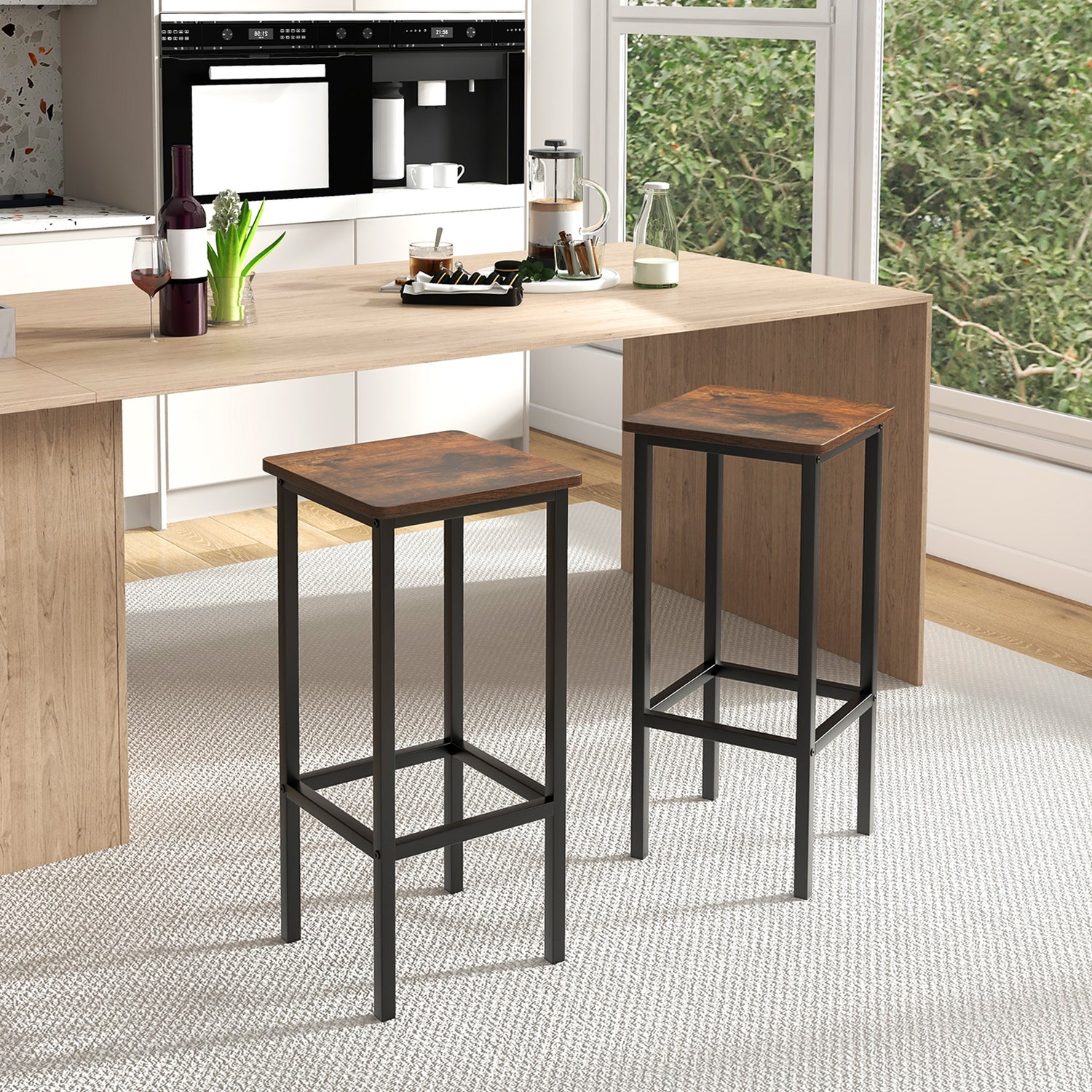 Set of 4 Bar Stool Set 26 Inch Bar Chair with Metal Legs and Footrest-Rustic Brown