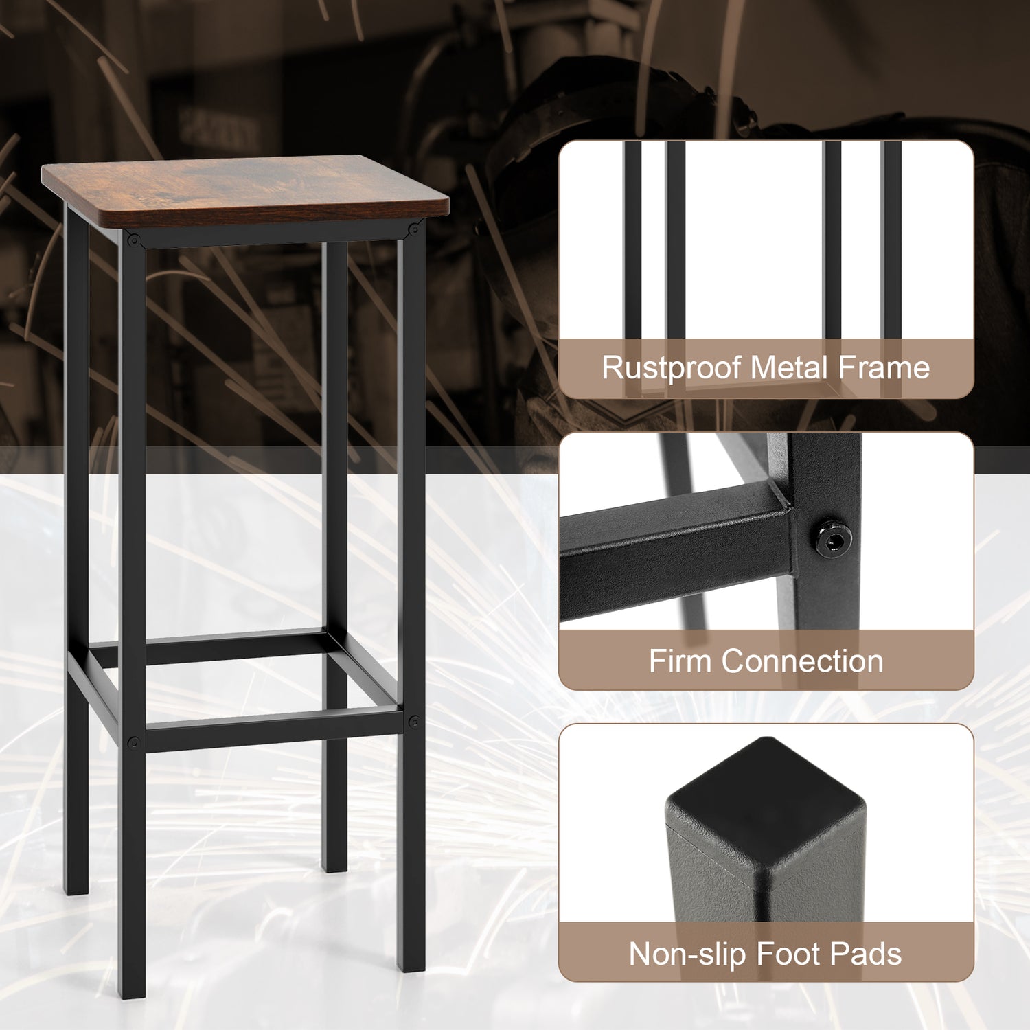 Set of 4 Bar Stool Set 26 Inch Bar Chair with Metal Legs and Footrest-Rustic Brown