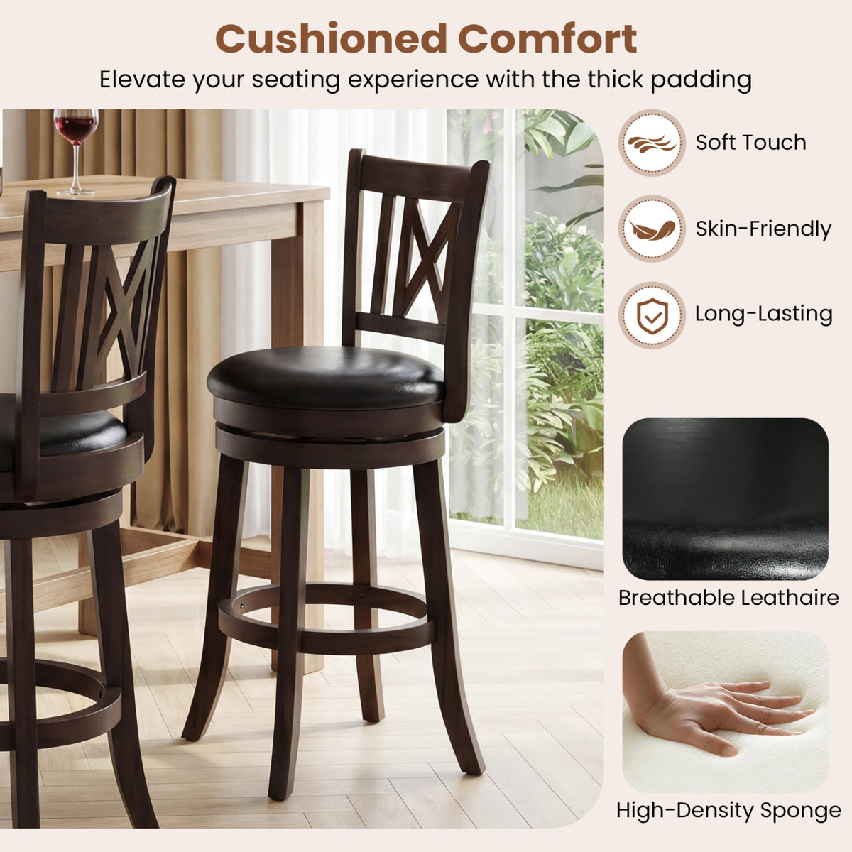 Set of 4 Bar Stools Swivel Bar Chairs with Hollowed Backrest and Footrest-26 inches